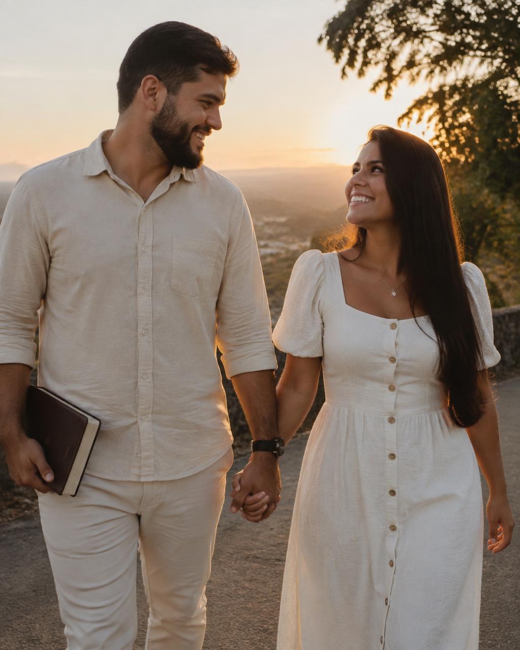 Casal cristão caminhando de mãos dadas ao pôr do sol