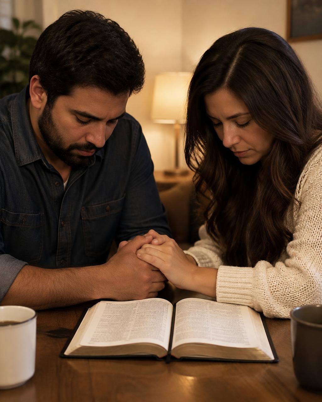 Casal orando junto com a Bíblia aberta sobre a mesa